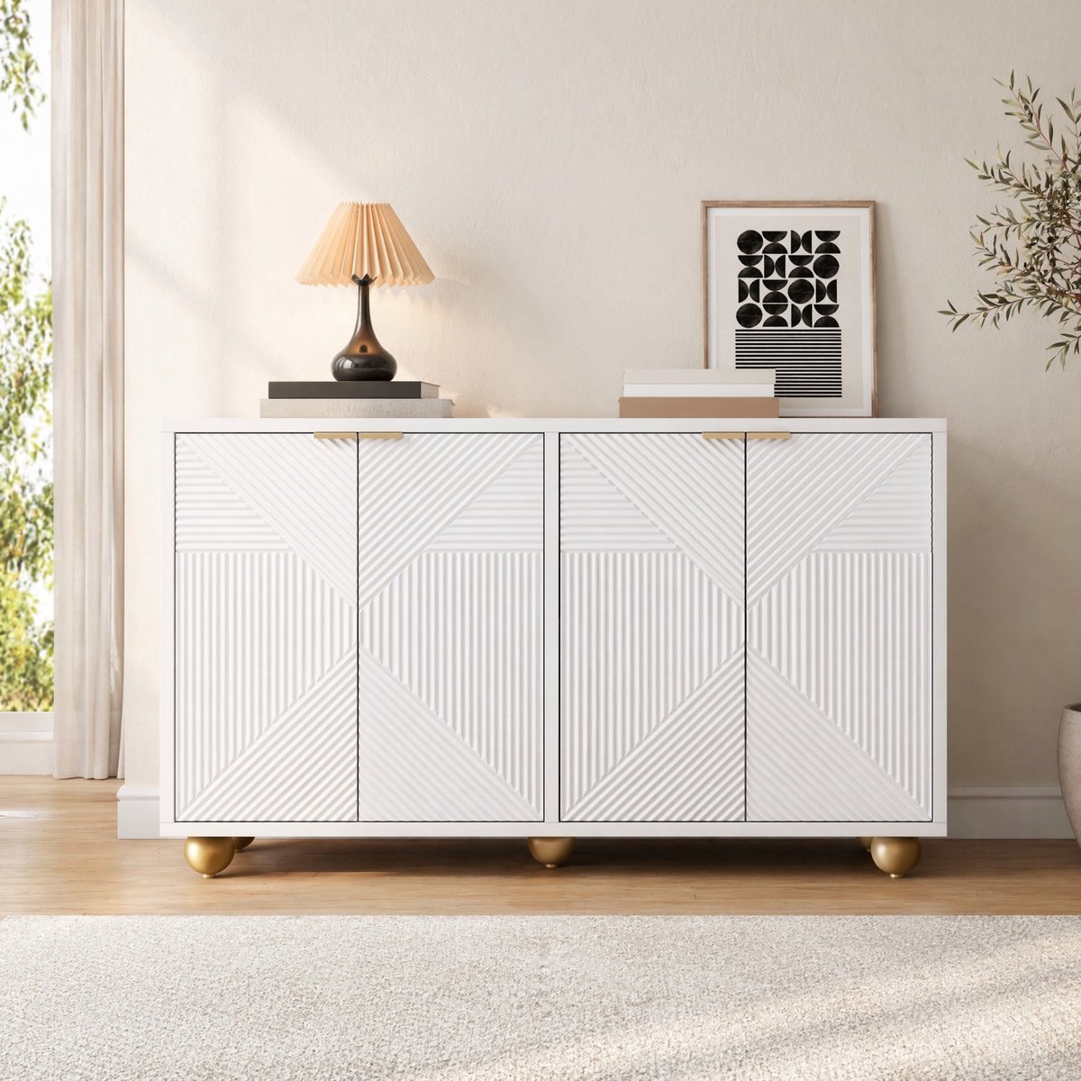 OKWISH Dressoir - 4 Deuren - Verstelbare Planken - Woonkamer Eetkamer Hal - MDF Wit Met Gouden Handgrepen - 120x35x71,5 cm