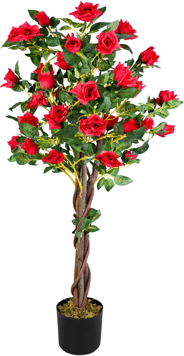 Kunstmatige Plant Roos Roze Rozenstruik Stamroos Decoratie 120cm 30 Bloesems Echt Hout DECOVEGO