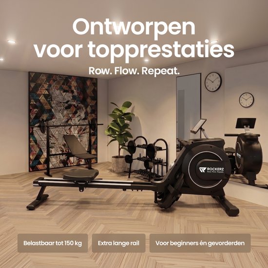 Zwarte roeitrainer met 'Rockerz' logo, extra lange rail, belastbaar tot 150 kg. "Ontworpen voor topprestaties".