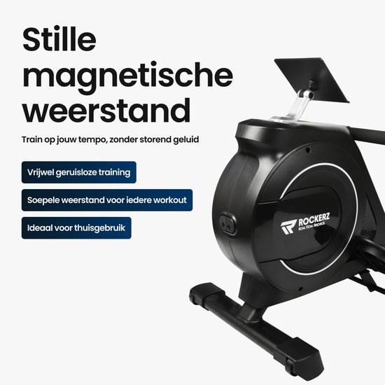 Zwarte roeitrainer met een groot magnetisch weerstandssysteem en display.