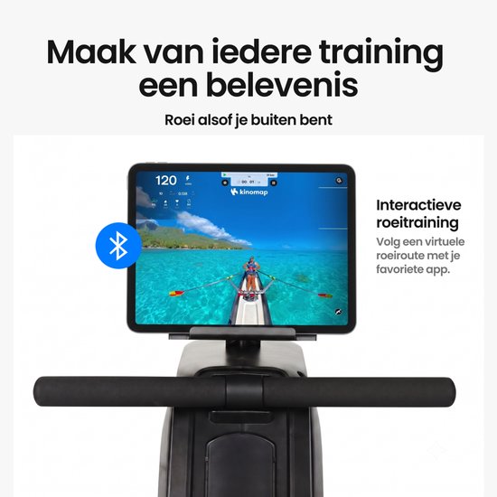 Zwarte roeitrainer met digitaal display met verschillende trainingsstatistieken.