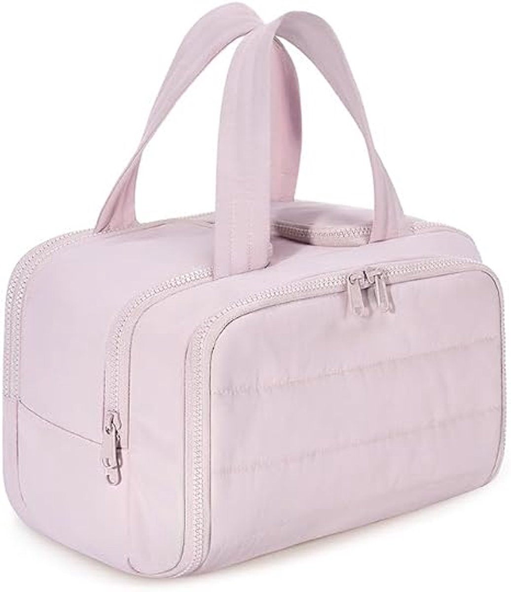 Grote Toilettas Dames - Pof Make-up Tas met Brede Opening - Luxe Reis Toilettas met 4 Vakken en Droog-nat Scheiding - Luxe Reisetui voor Cosmetica -roze