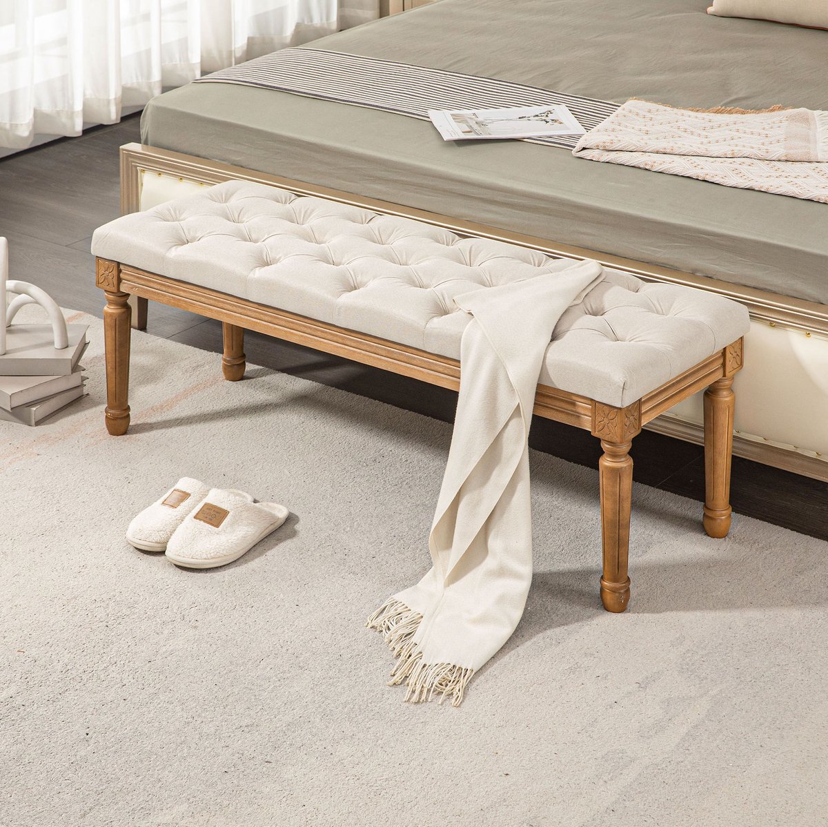 MIVRAY Bedbank 120 x 41 x 48 cm - Franse Stijl Met Knopen En Houten Poten - Voor Slaapkamer, Woonkamer En Hal - Polyester Cremewit