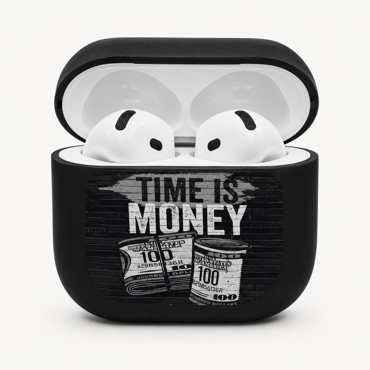 Enluxe Case geschikt voor Airpods 4 - Time Is Money - Zwart Hoesje met Print, Schokbestendig Hoesje