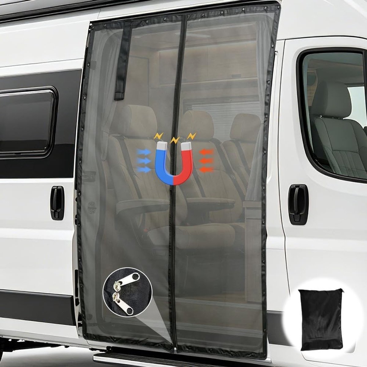 Magnetisch muggennet voor schuifdeur, klamboe met ritssluiting voor campers en bestelwagens, ideaal voor bescherming tegen insecten en muggen