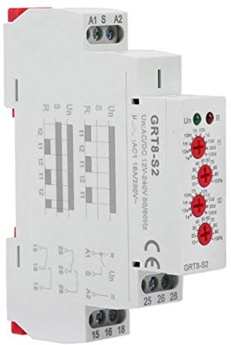 GRT8-S2 cyclus timer relais, asymmetrisch, vertraging/herhaling cyclus tijd, relais AC/DC 12 – 240 V