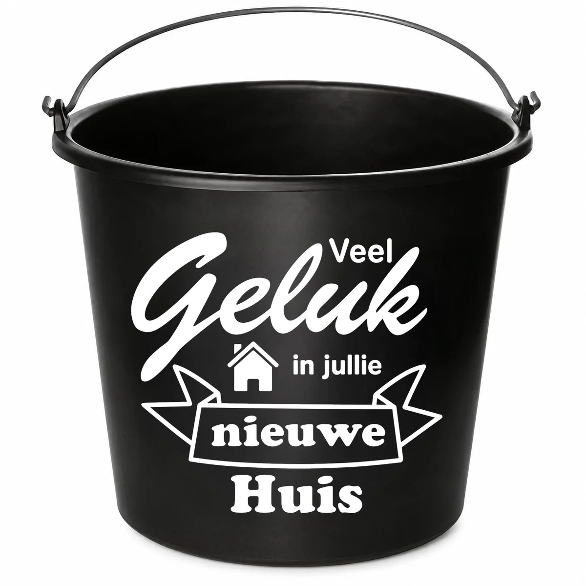 Emmer - Veel geluk in jullie nieuwe huis - Cadeau emmer - met tekst - 12 liter - zwart