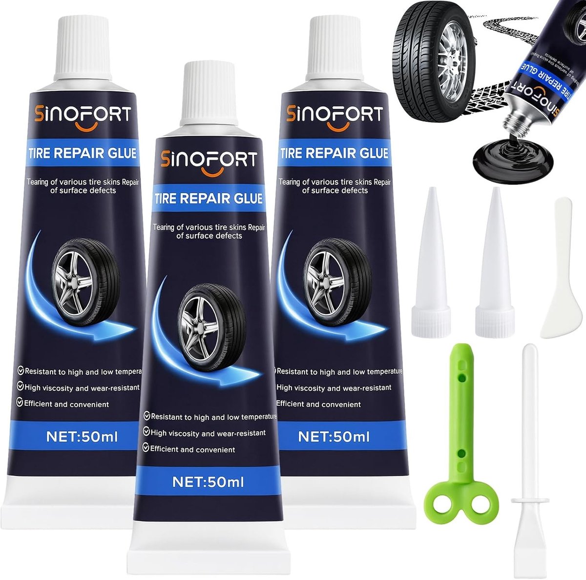 Pack van 3 Rubber Lijm 50 ml voor Bandenreparatie met Nozzle en Schraper, Snel en Effectief voor Auto's, Fietsen en Motoren