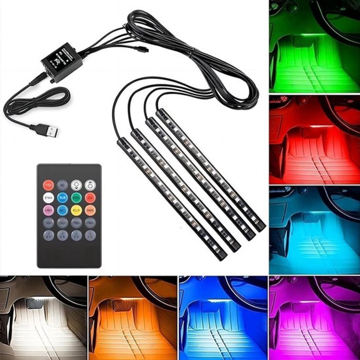 Auto-interieurverlichting: 4 strips met 48 LED's en muziekbesturing