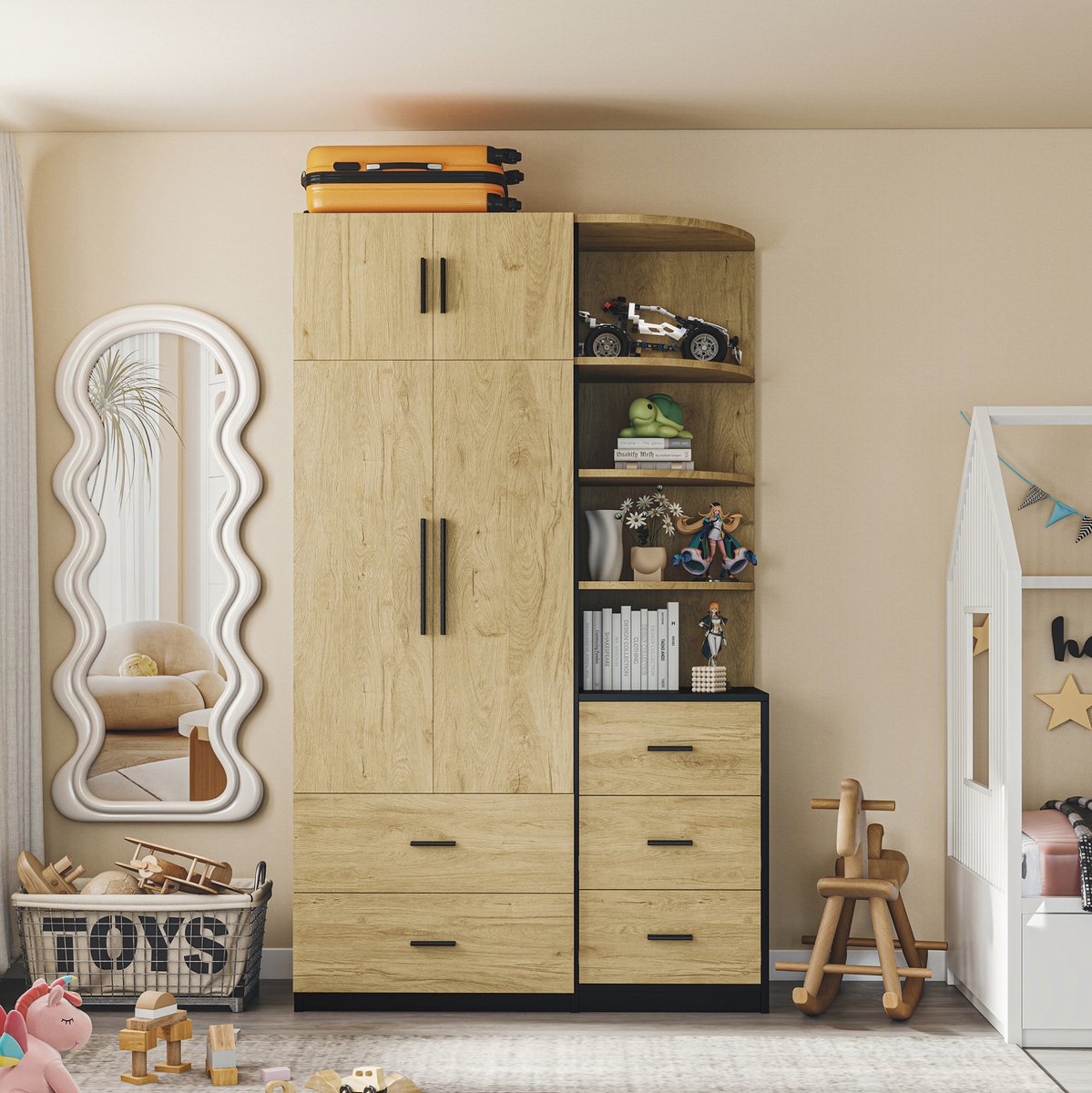 OKWISH Kledingkast – Met Kledingstang En 5 Lades – 110 x 40 x 186 cm – Open En Gesloten Opbergruimte – MDF Naturel En Zwart