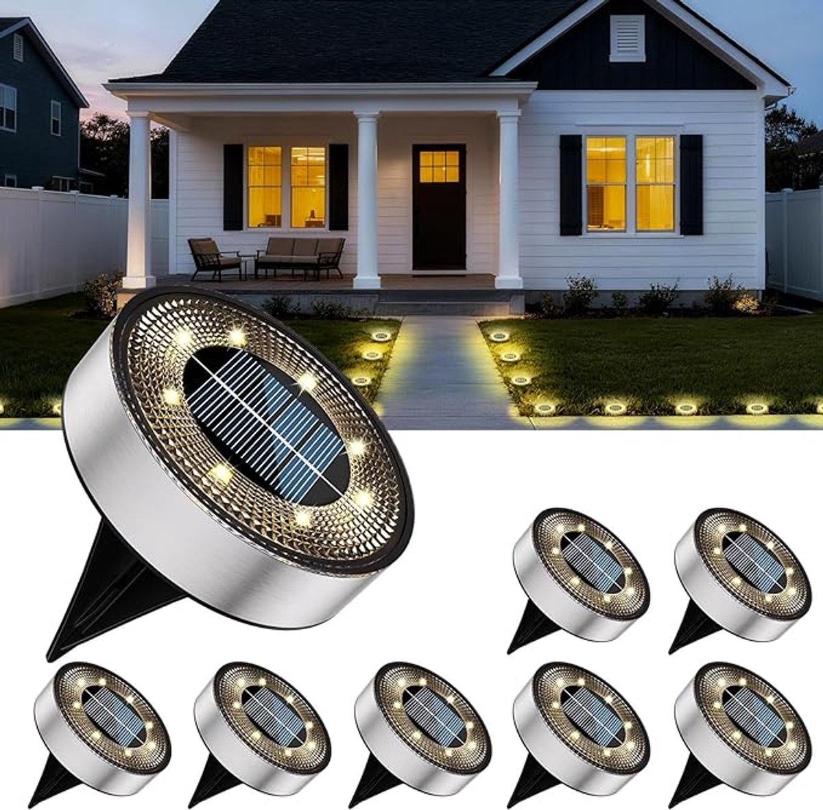 Solar Grondlampen Set Van 8 - LED Bodemverlichting Op Zonne-energie - IP68 Waterdichte Tuinspots Met 8 LED’s - Warm Wit RVS Buitenverlichting Voor Gazon, Oprit, Voetpad, Terras En Patio