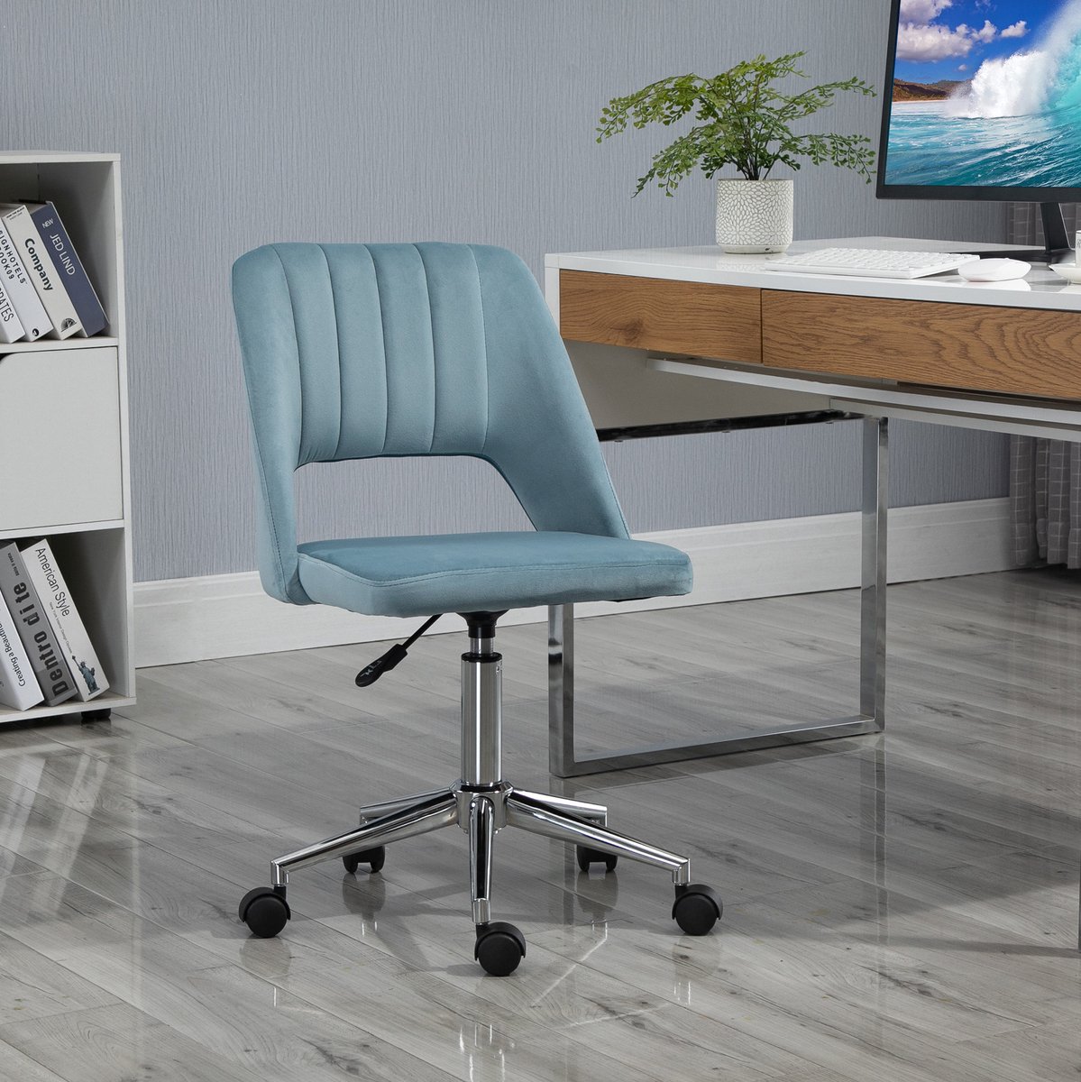 OKWISH Bureaustoel – Verstelbare Hoogte En Draaibare Zitting Met Wielen – Ergonomisch Voor Woonkamer Of Kantoor – Polyester – Blauw