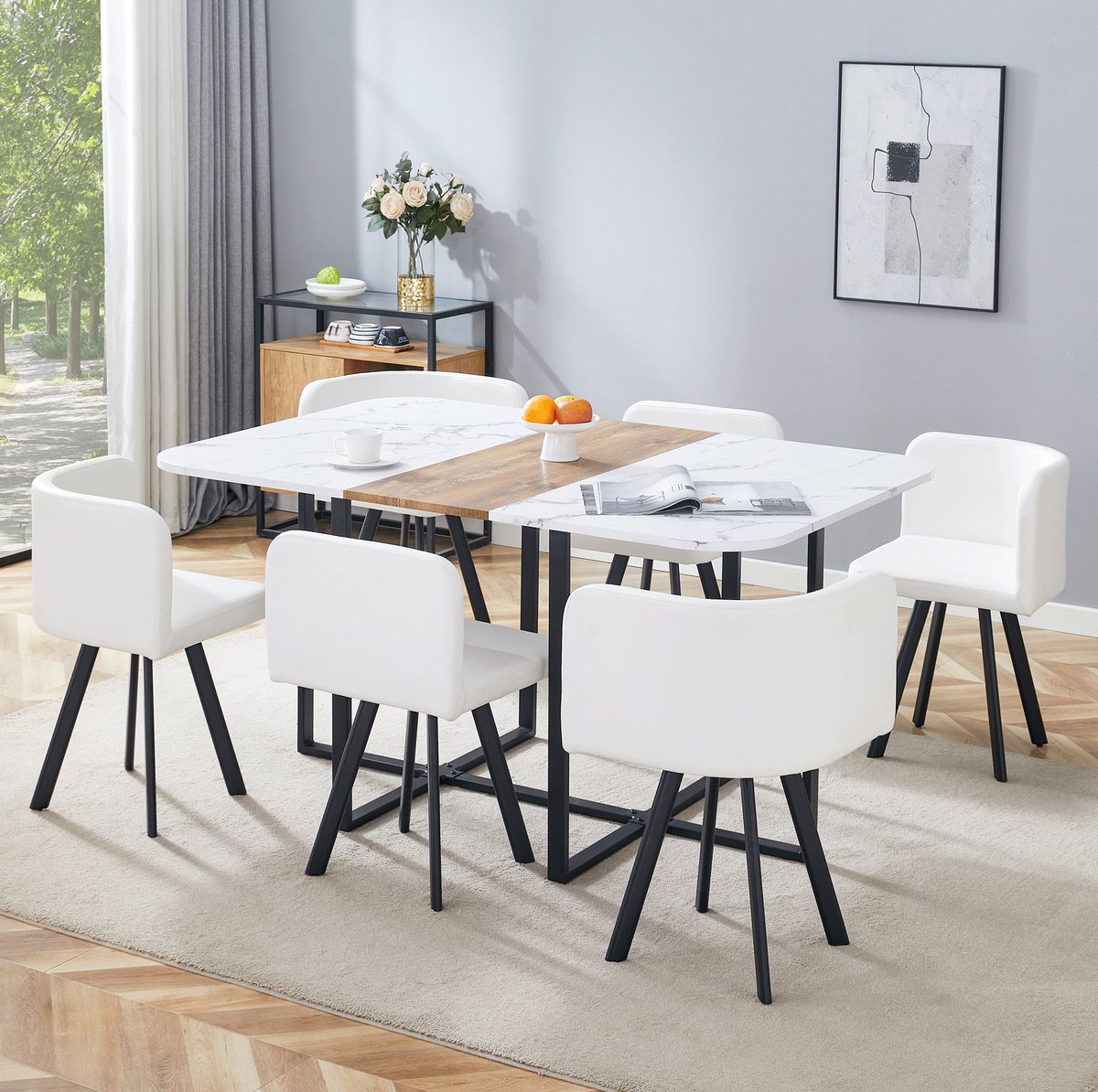 FloraGrace Eettafelset - Uitschuifbare Tafel Met 6 Stoelen Voor Keuken En Eetkamer - Ruimtebesparend Design - Metaal En MDF - Wit Zwart