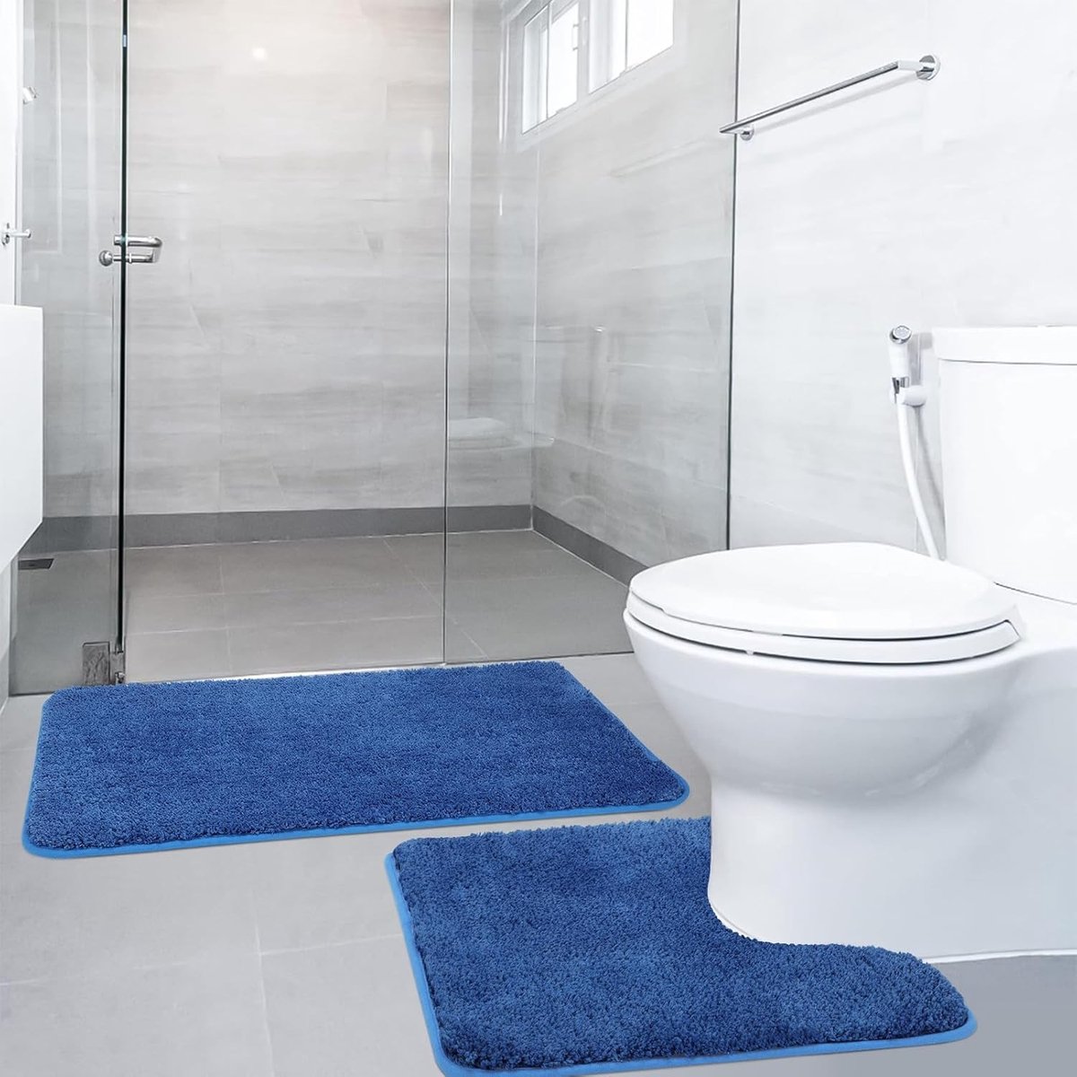 Set van 2 Microfiber Badmatten, Wasbare en Antislip Badkamer Tapijten, 50x80cm en 50x50cm, Blauw en Absorberend voor Douche en Bad