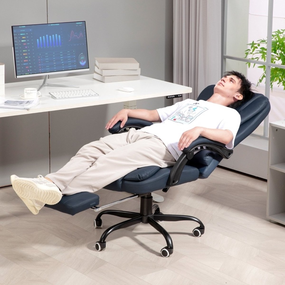 DESMIU Bureaustoel 67 x 67 x 111-121 cm - Massage Met 7 Vibratiepunten En Uitschuifbare Voetsteun - Voor Kantoor En Thuiswerkplek - Kunstleer Blauw