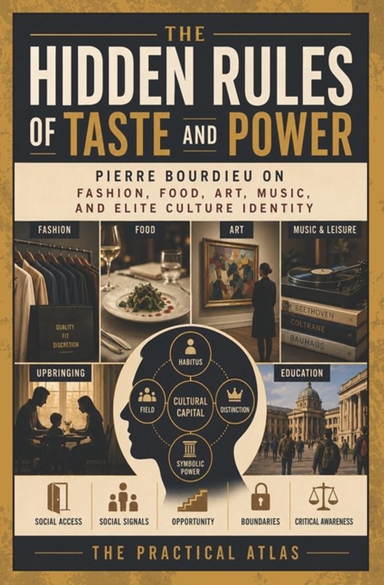 Boekomslag met de titel 'The Hidden Rules of Taste and Power' over mode, voedsel, kunst, muziek en elite identiteit. Bevat illustraties van kleding, eten, kunst, muziek en familie.