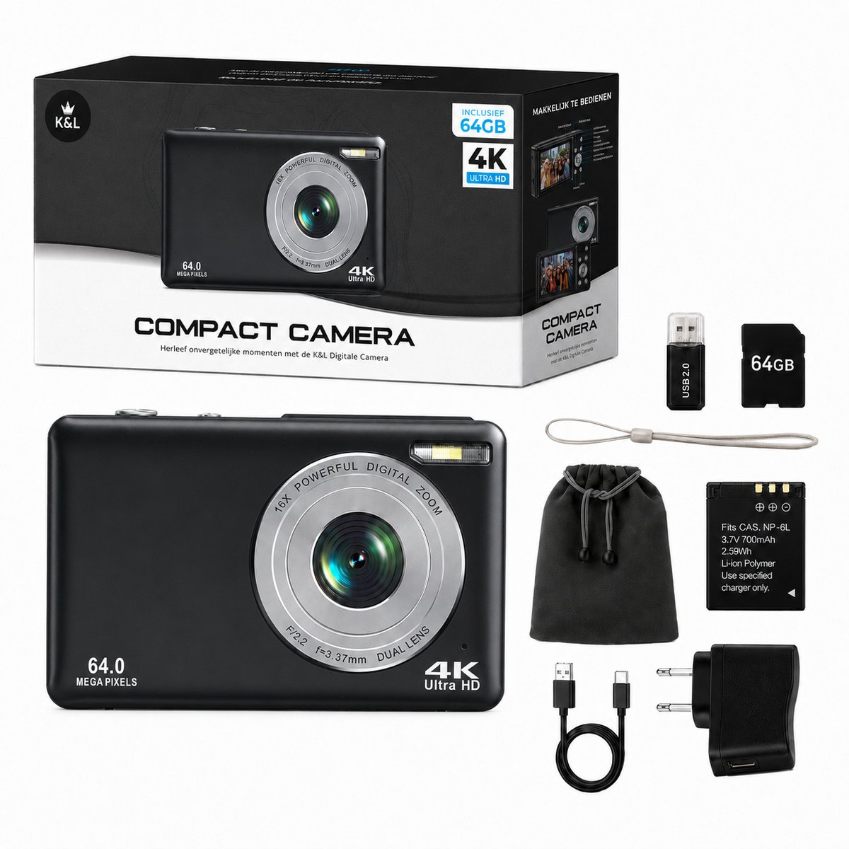K&L KL-4K-64-B compactcamera met dubbele lens