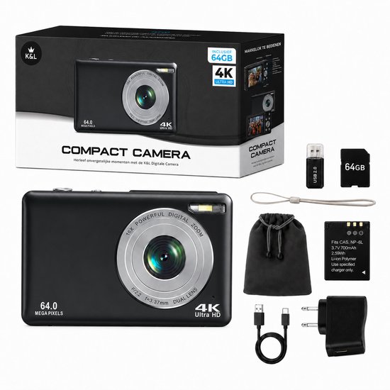 K&L Digitale Camera - 4K Ultra HD & 64MP - 64GB - Fotocamera - Inc. Selfiecamera - Vlog Camera voor Kinderen en Volwassenen - Compact Camera - Foto & Video - Dual Lens - 16x Zoom