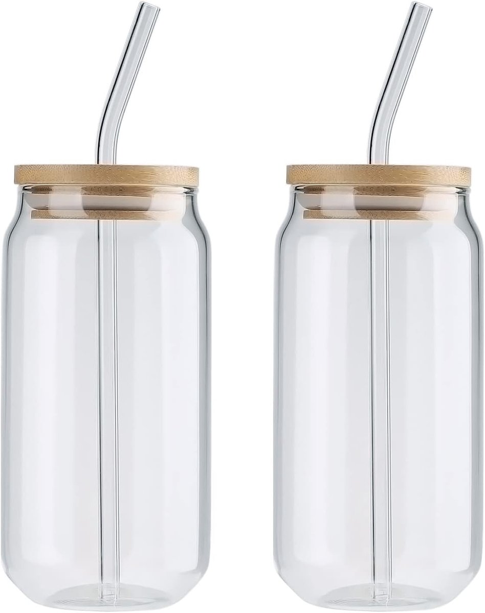 Blikvormige Bierglazen - Hoogborosilicaatglas - Met Deksels en Glazen Rietje - Geschikt voor Warme en Koude Dranken - Set van 2