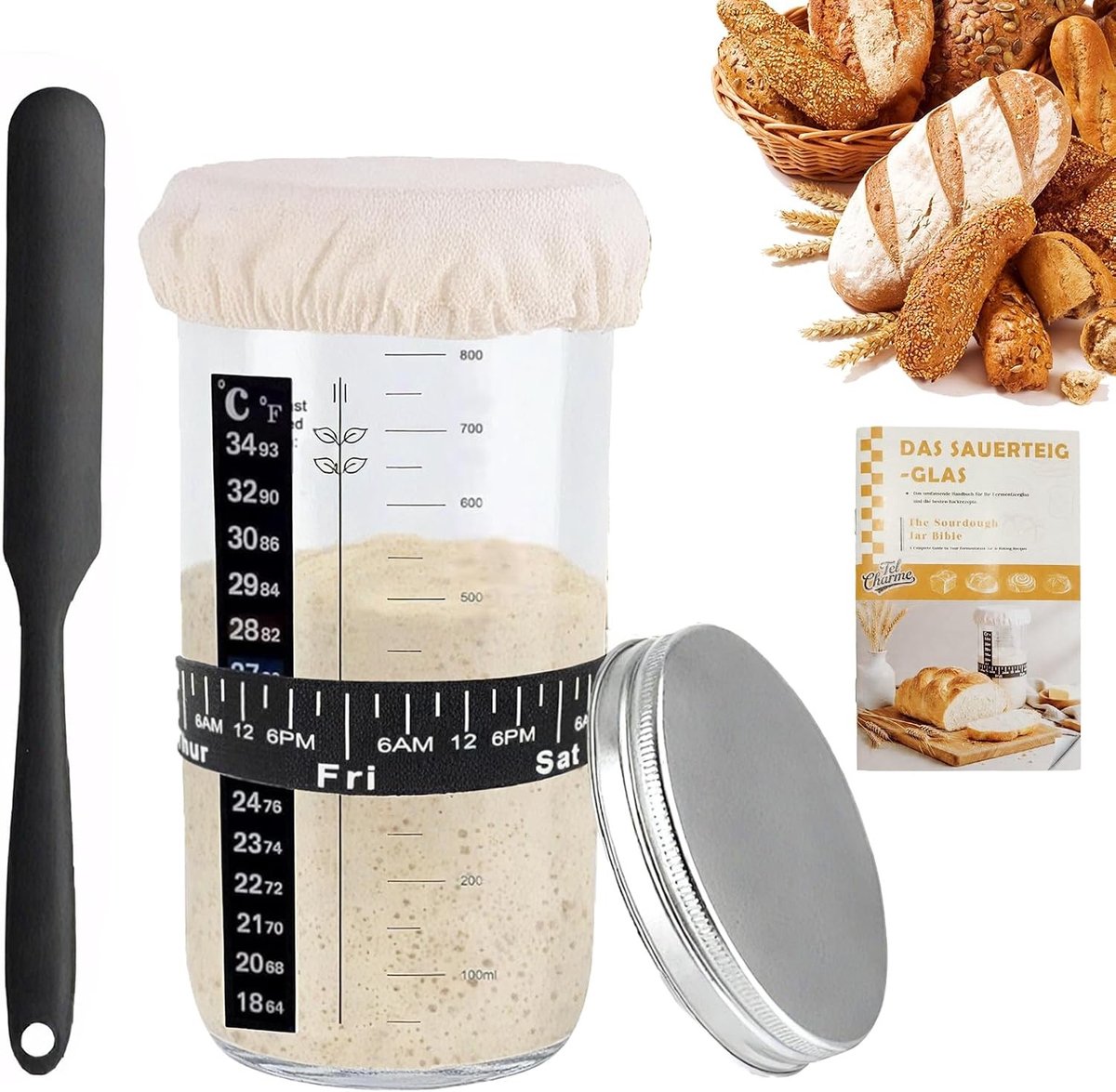 Fermentatieglas Set - Glas - 1000 ml Capaciteit - Inclusief Spatel en Thermometer - Voor Bakliefhebbers
