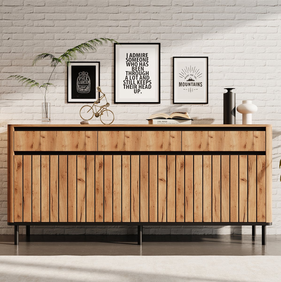 Wishdor - Dressoir - 3 laden en 3 lameldeuren - Scandinavisch tv-meubel en opbergkast voor woonkamer of hal - eikenlook houtlook en metaal - 160 x 40 x 73 cm