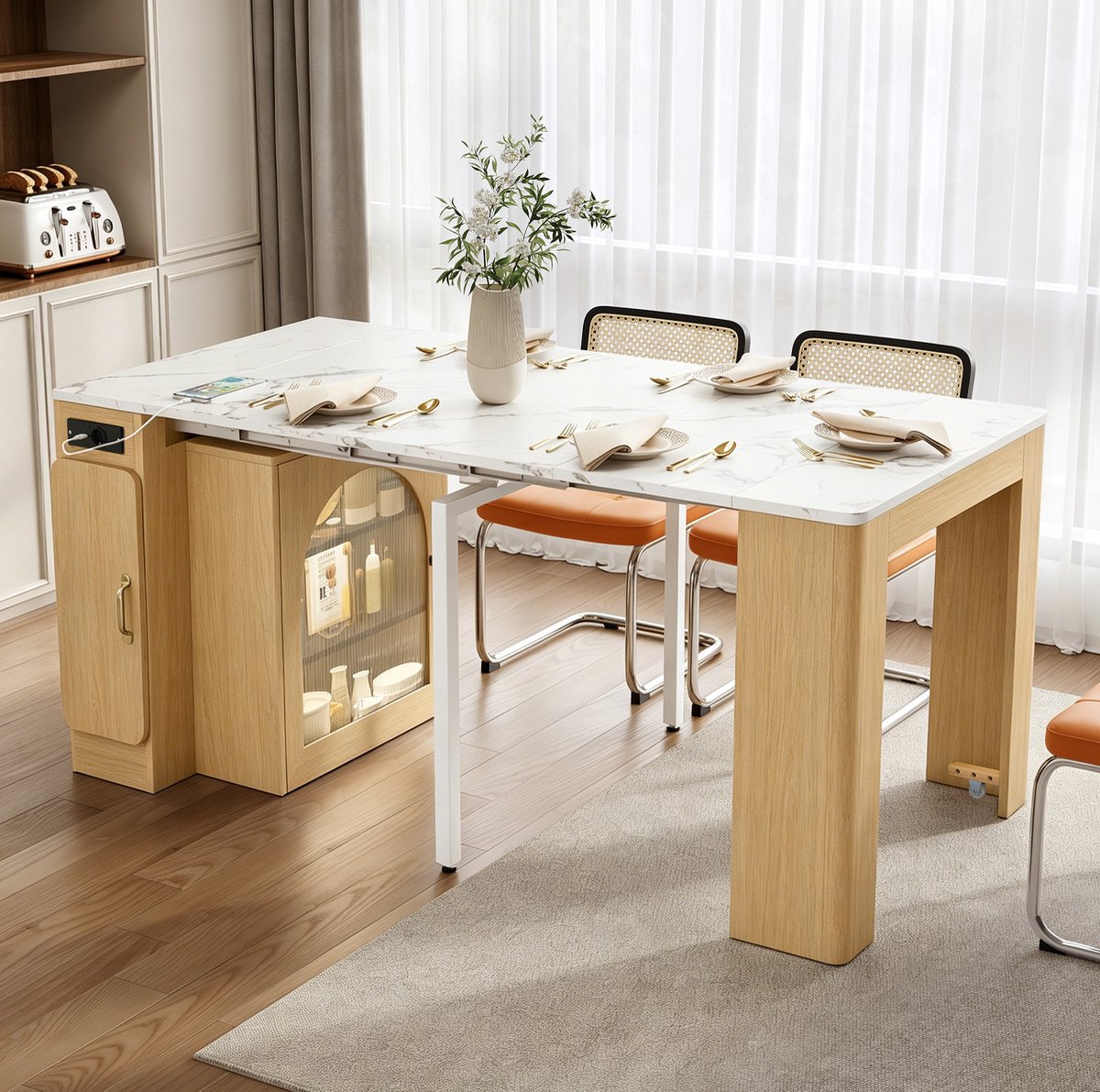 STILVORA Eettafel - Uitschuifbaar Keukeneiland Met Opbergruimte En Stopcontact - Voor Keuken En Eetkamer - MDF En Spaanplaat - Naturel