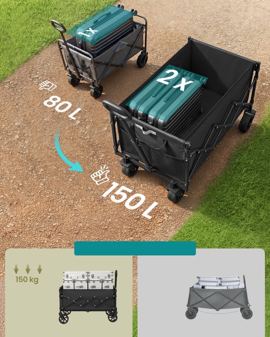SONGMICS GFW150BH01 - Opvouwbare Bolderkar - Met Trekstang en 4 Versterkte Wielen - 150 L Capaciteit - Draagvermogen tot 120 kg van Merkloos — afbeelding 2