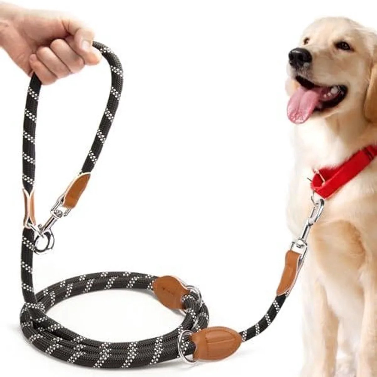 Deze verstelbare riem van 3 meter is geschikt voor middelgrote tot grote honden (15-60 kg), heeft een reflecterend ontwerp voor handsfree gebruik en wordt geleverd met twee karabiners met een draagvermogen tot 200 kg.