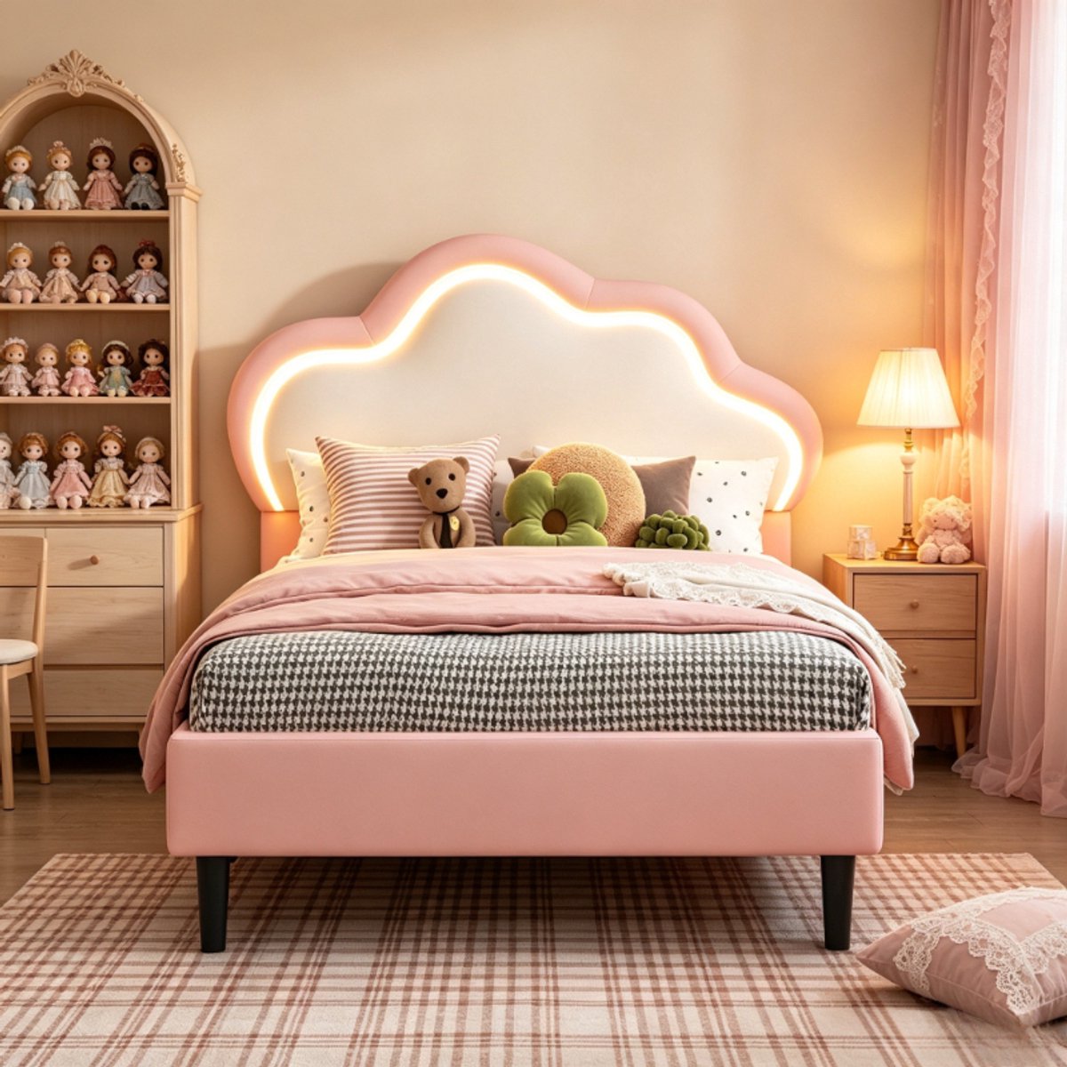 Kinderbed 90x200 cm met led verlichting, eenpersoonsbed voor kinderen met verstelbaar hoofdbord, gestoffeerd bedframe van pu, roze kinderbed zonder matras