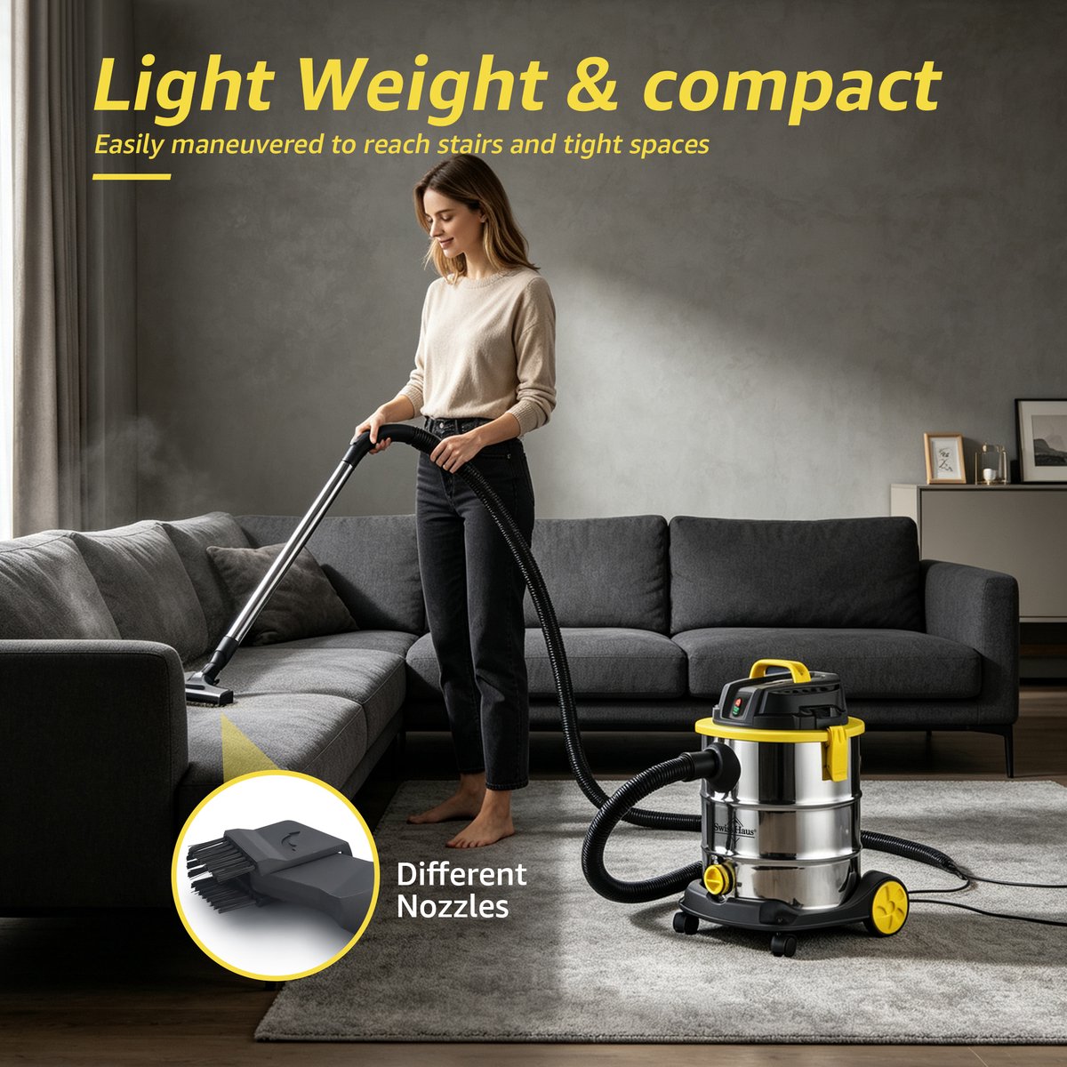 Swiss Haus® WDVC30 Nat & Droog Stofzuiger - 30L - 1200W Nat- en Droogzuiger - RVS Ketel - HEPA Filtersysteem - Blowerfunctie - Waterafvoer - Industriële Bouwstofzuiger voor Garage, Werkplaats & Auto - Lugano Collection – foto 3