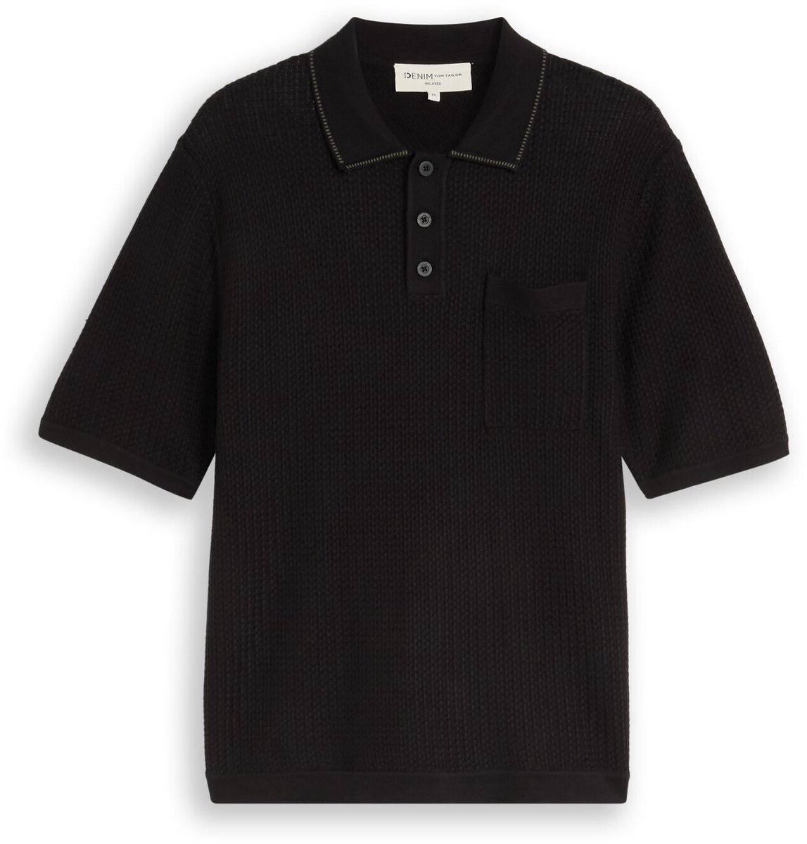 Tom Tailor Denim - Gebreid poloshirt met relaxte pasvorm en borstzak - Maat XXL - Black
