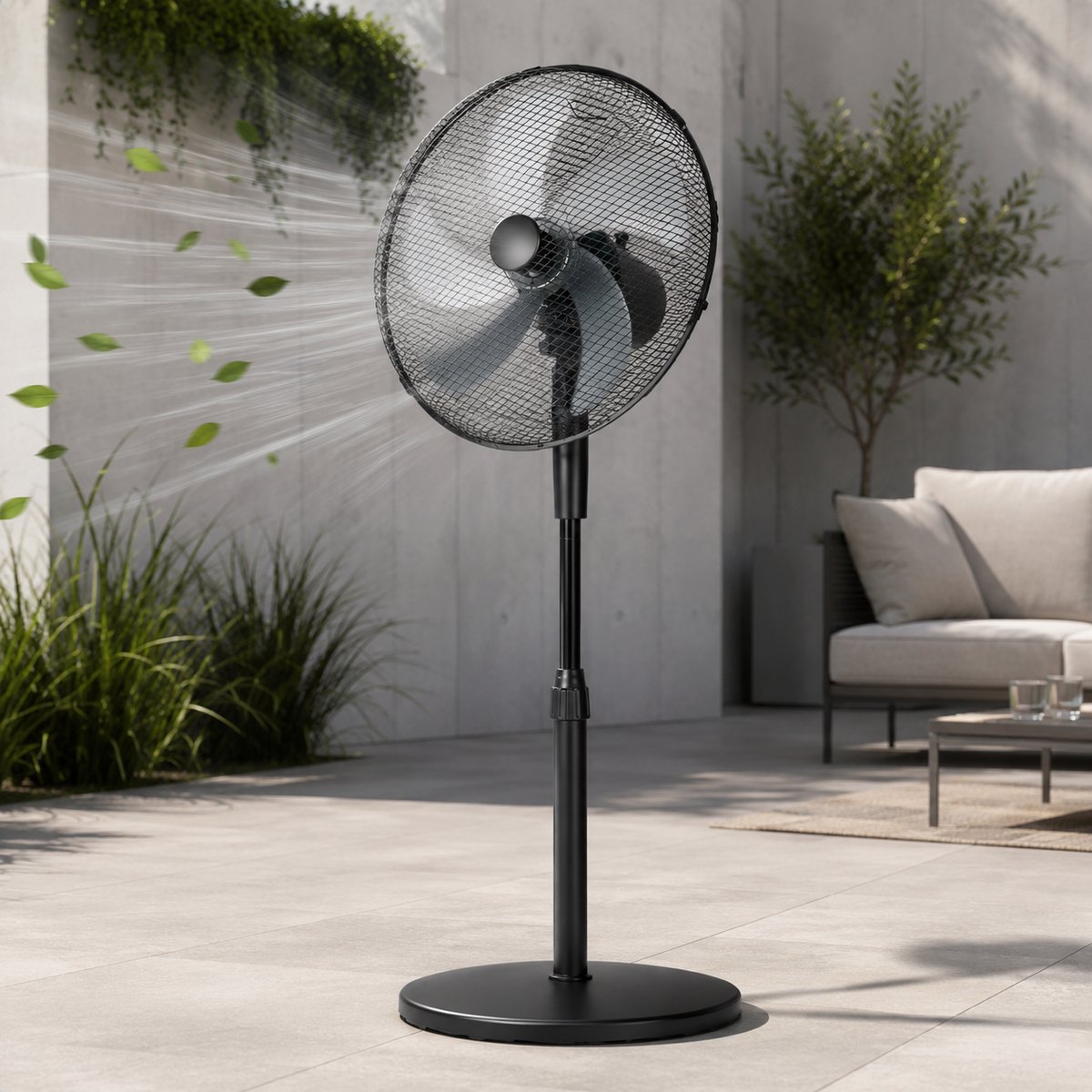 Zwarte uitvoering van de Kinzo staande ventilator 40 cm op een terras