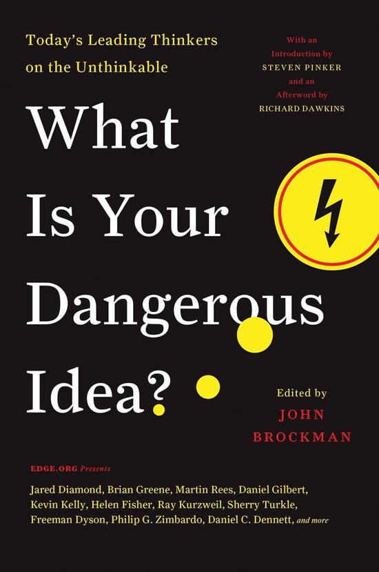 Boek "What Is Your Dangerous Idea?", met een gele bliksemschicht op een zwarte achtergrond.