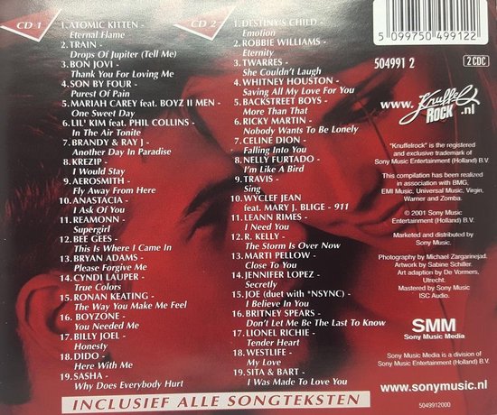 Achterkant van de Knuffelrock 10 CD-hoes met tracklijsten en informatie. "Knuffelrock" is een geregistreerd handelsmerk.