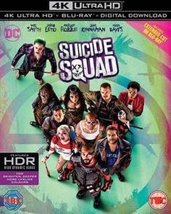 De Suicide Squad-filmhoes met de cast, de titel en 4K Ultra HD Blu-ray-logo's.