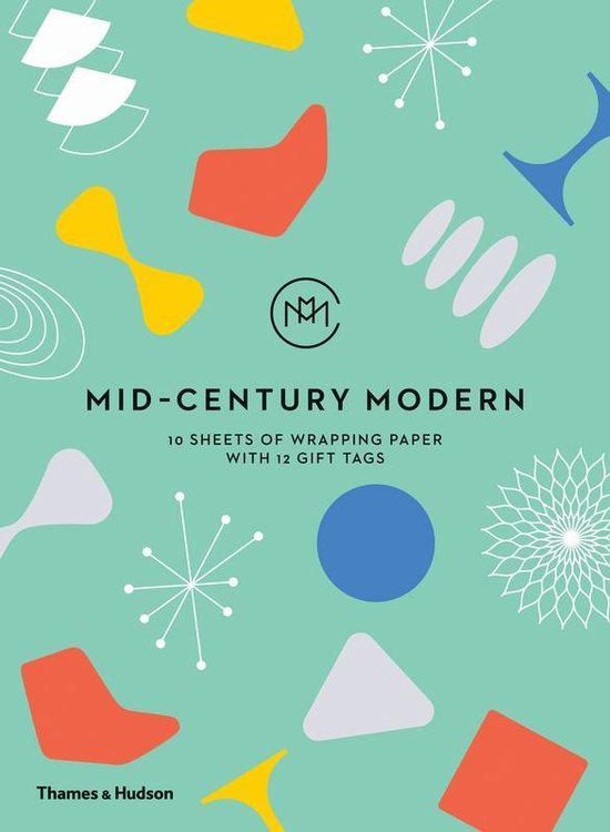 MID-CENTURY MODERN cadeaupapierboek met 10 vellen cadeaupapier en 12 cadeaulabels. Turquoise achtergrond met abstracte vormen in geel, oranje, grijs, wit en blauw.