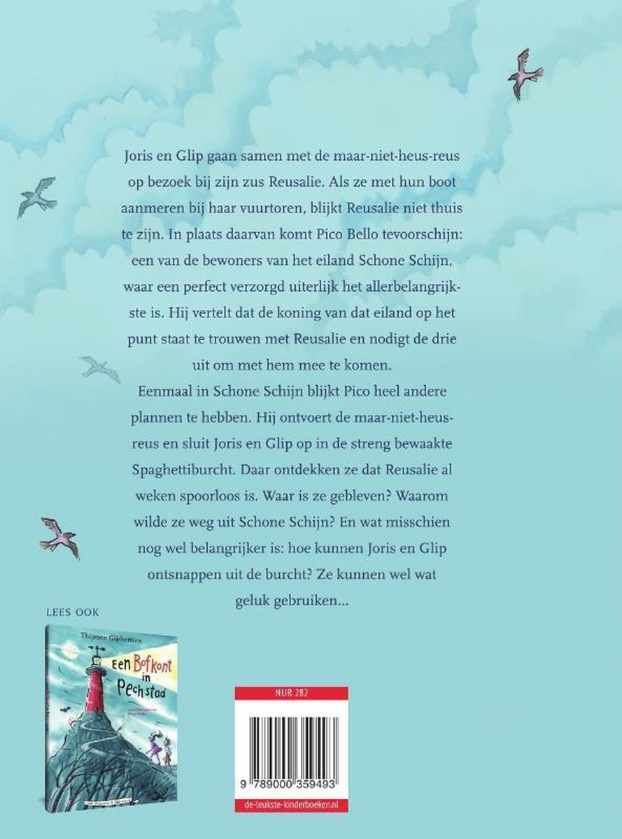Achterkant van het boek "Joris en het reuzenraadsel" met tekst en een klein boekje "Een Bofkont in De Grote Stad".