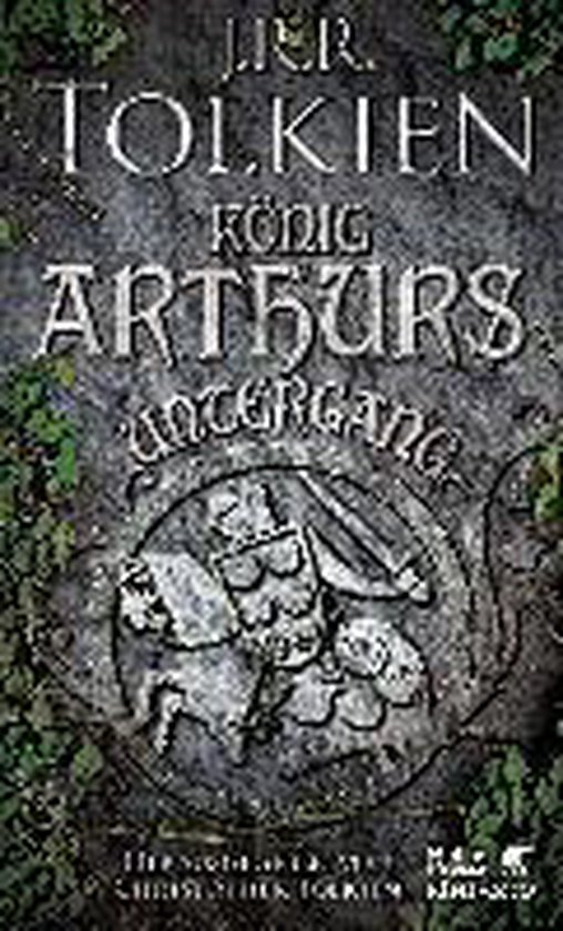 Boekomslag voor "Koning Arthurs Ondergang" van J.R.R. Tolkien met een gravure van een ridder te paard op een stenen achtergrond.