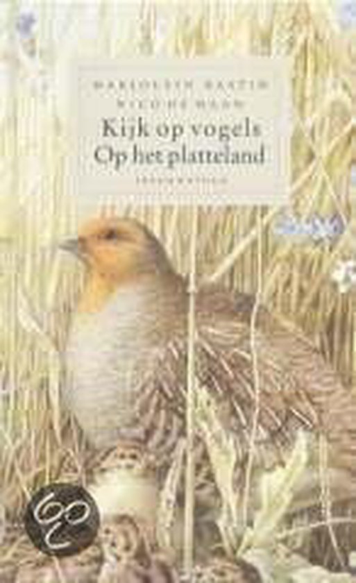 Boek 'Kijk op vogels Op het platteland' met een grijze vogel op een nest met kuikens, omringd door gras en bloemen.