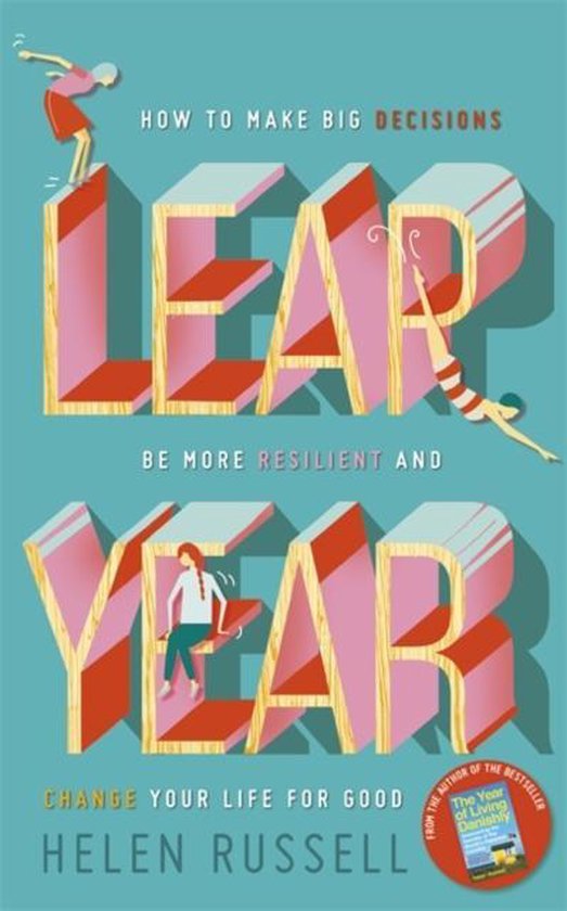 Boekomslag met de titel 'Leap Year' in grote 3D-letters. Boven de titel staan mensen op de letters, onder de titel zitten mensen naast de letters. De kleuren zijn roze, blauw en rood.