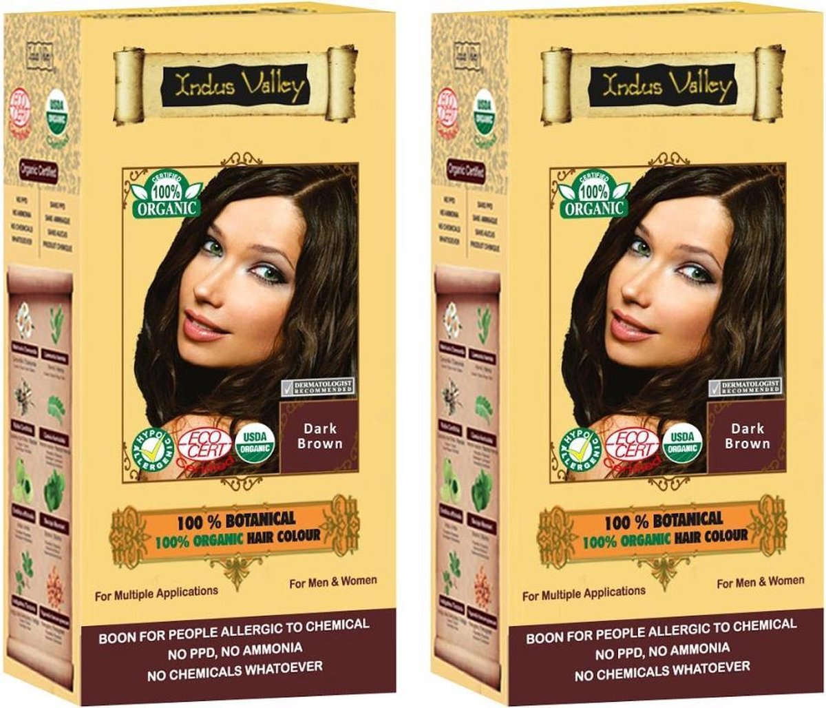 Indus Valley 100% BOTANICAL Dark Brown 100% Natuurlijke BIO Organic 9-Kruiden Haarverf Zonder Ammoniak, Ammonia, PPD, PTD, Peroxide, Waterstofperoxide etc. o.a. Henna