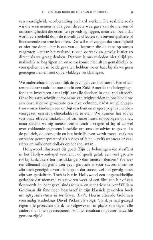 Boekpagina met tekst over toeval, wetenschap en Hollywood. Met citaten.