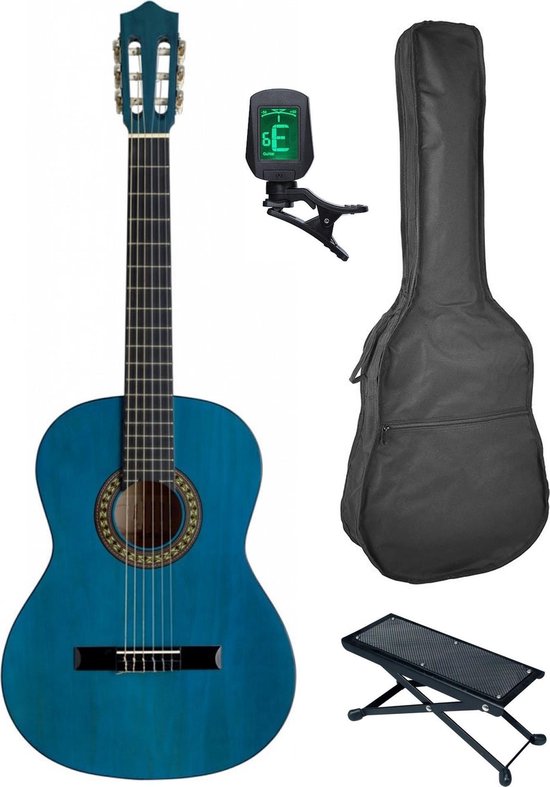 Vochtigheid atleet revolutie Brandon C2TB blauwe 4/4 klassieke gitaar pakket met stemapparaat, draagtas  en voetbank | bol.com