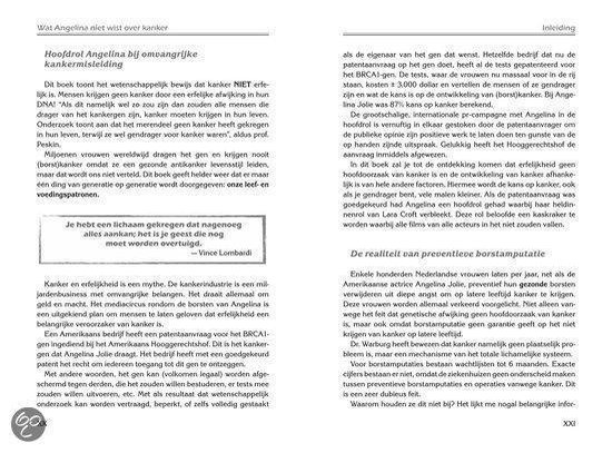 Open boekpagina's met tekst en een citaat. Links: 'Wat Angelina niet wist over kanker'. Rechts: 'Inleiding'.