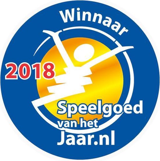 Blauwe cirkel met gouden zon en witte gestileerde figuur. Tekst: Winnaar 2018 Speelgoed van het Jaar.nl.