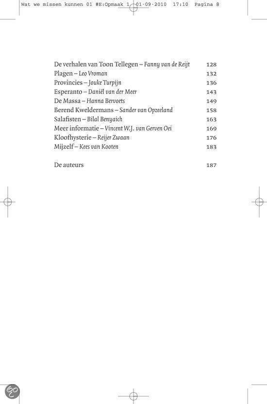 Inhoudsopgave van het boek 'Wat we missen kunnen'