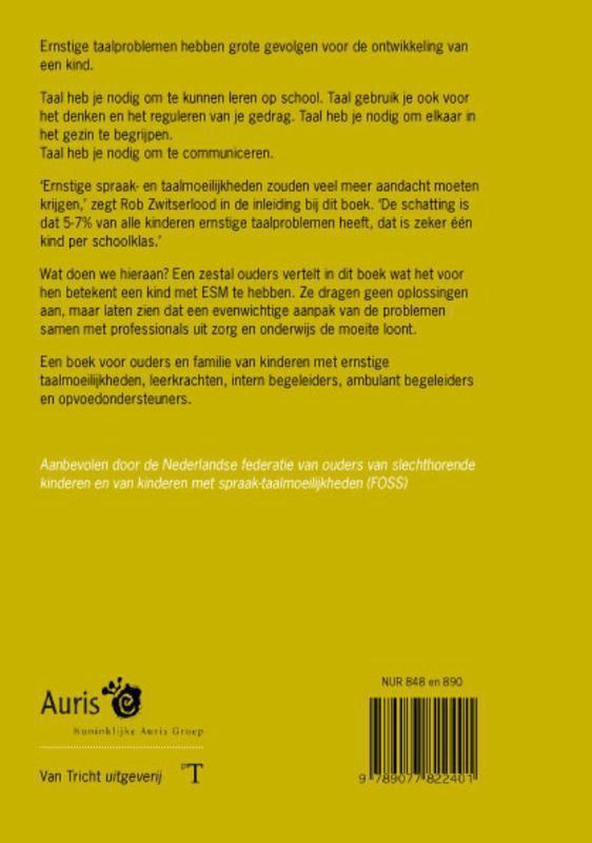 Boekcover met tekst, logo van Auris, Van Tricht uitgeverij en ISBN.