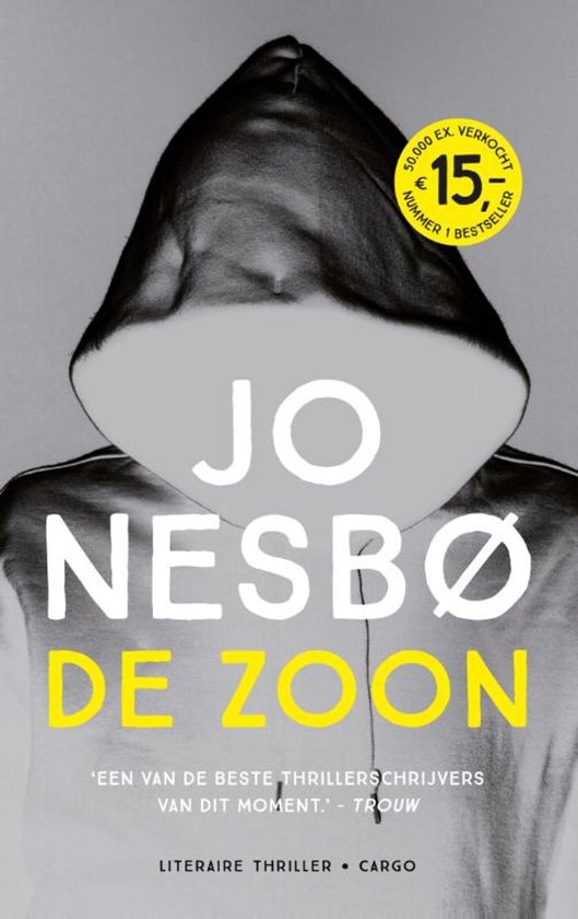 Boek "De Zoon" van Jo Nesbø, met een grijze hoodie en gele letters. €15, nummer 1 bestseller.