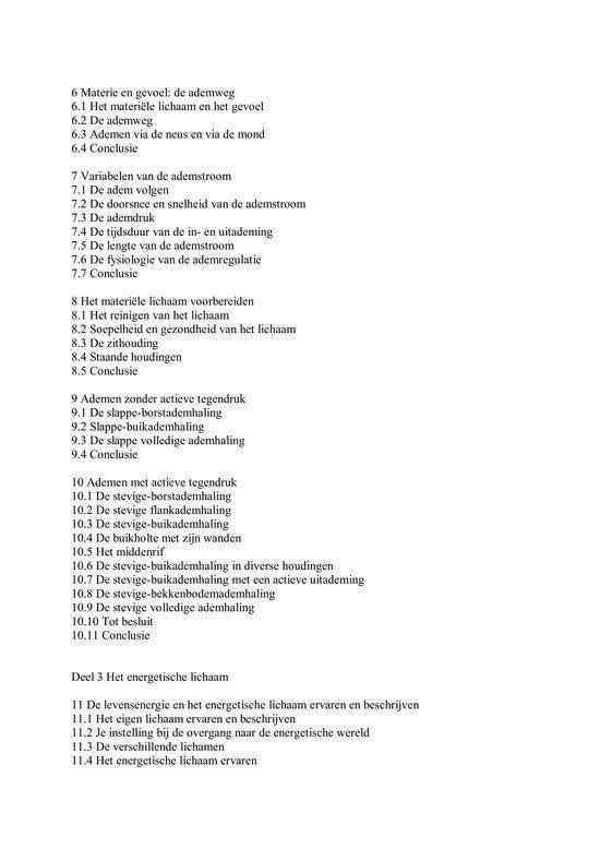 Inhoudsopgave van het boek met secties over materie, ademweg, adem en het energetische lichaam.