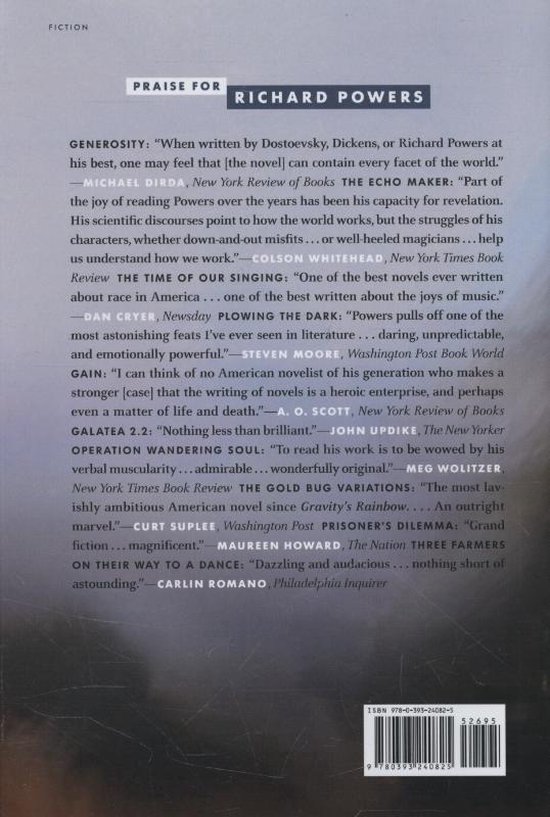 Boekrug met lofprijzingen voor Richard Powers, met citaten van Michael Dirda, Colson Whitehead, Dan Cryer, Steven Moore, A. O. Scott, John Updike, Meg Wolitzer en Carlin Romano.
